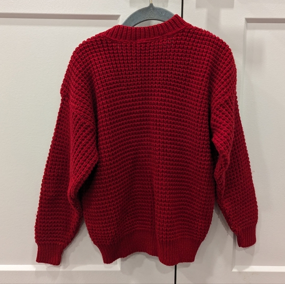VINTAGE kids red waffle knit v-neck cardigan sweater - Picture 4 of 5